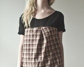Plaid/Silk Chiffon Tuck Top - Black/Wine