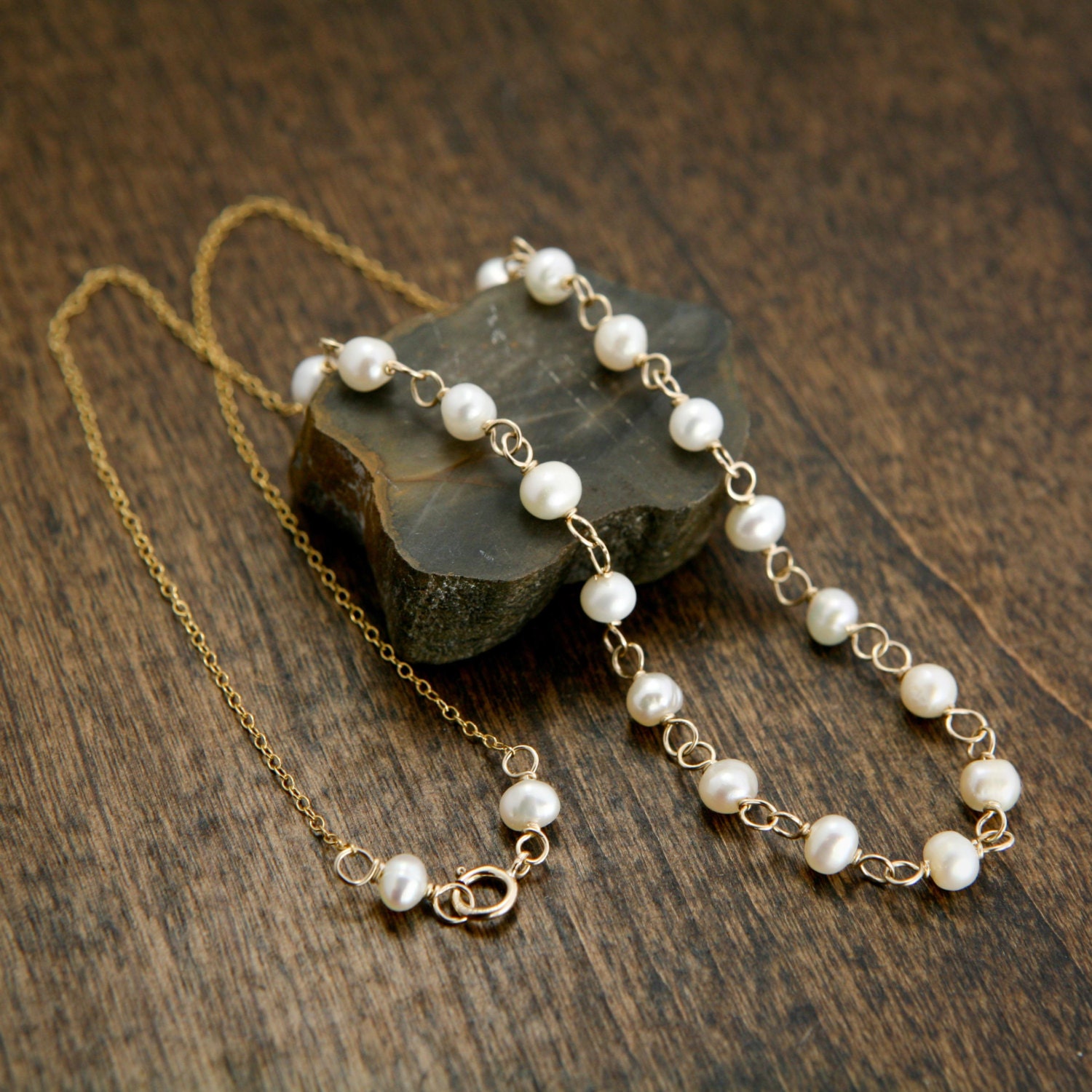 Freshwater Pearl Gold Necklace - 12k Gold Filled Wire Wrapped White Pearl - Faith, Purity, Peace, June Birthstone, Bridal Jewelry