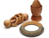 Montessori Baby Toy Gift Set, 3 Natural Wooden Teething and Learning Toys with Organic Finish