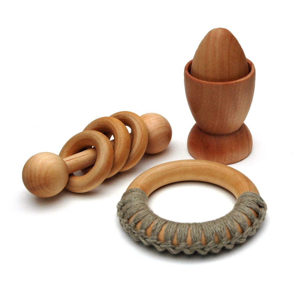Montessori Baby Toy Gift Set, 3 Natural Wooden Teething and Learning Toys with Organic Finish