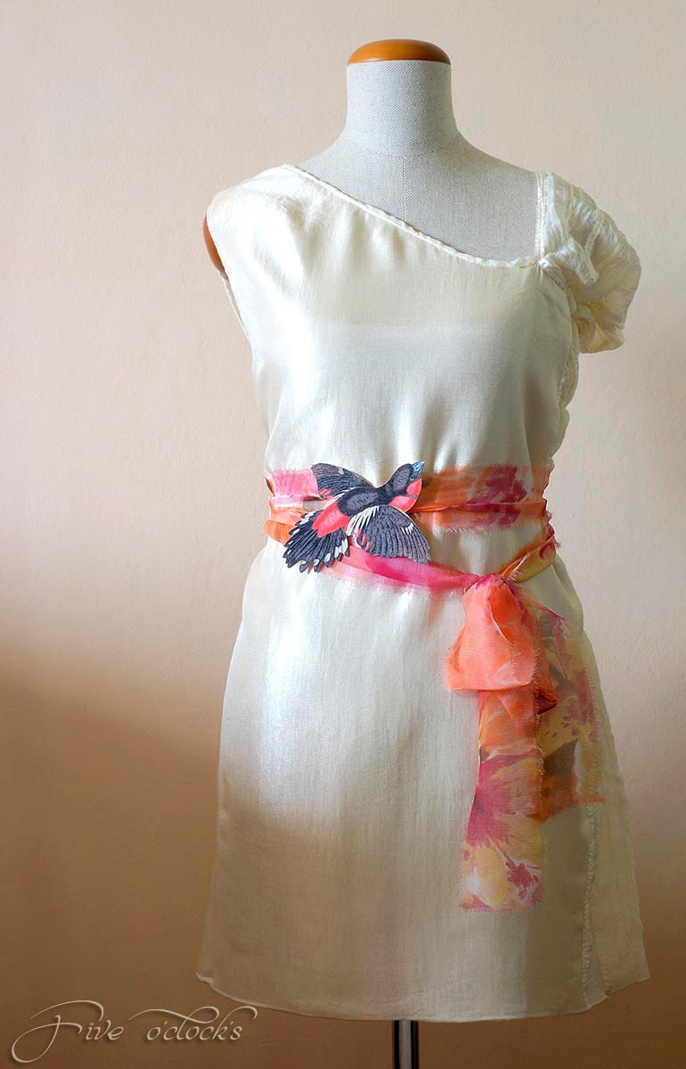 Spring wedding chiffon sash belt with velvet fantasy bird. Whimsical sash for bridal dress in wild garden fairy style.
