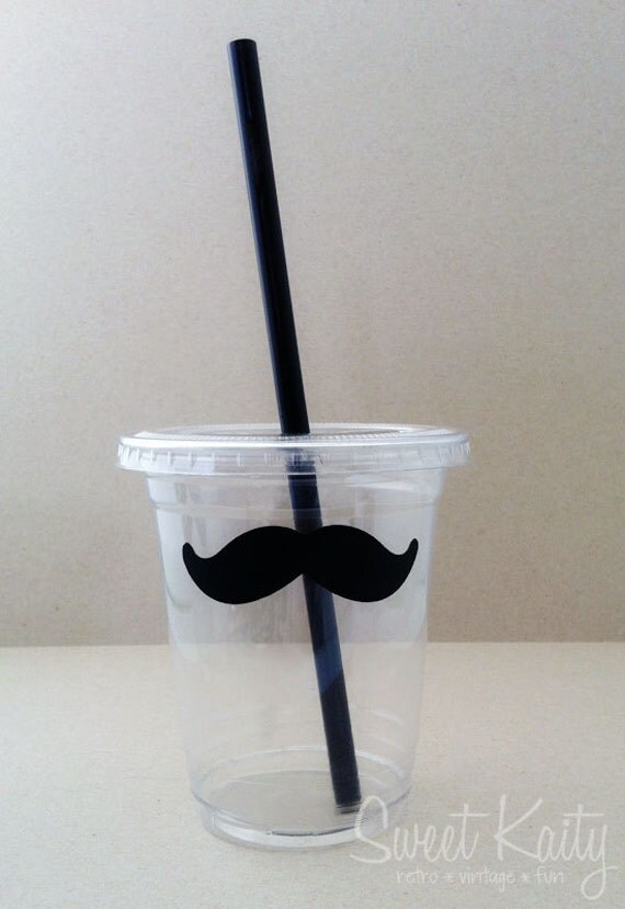 24 Black Mustache Disposable Party Cups, Lids & Plastic Straws - Mustache Bash - Little Man Party - 12 oz or 16 oz Il_570xn