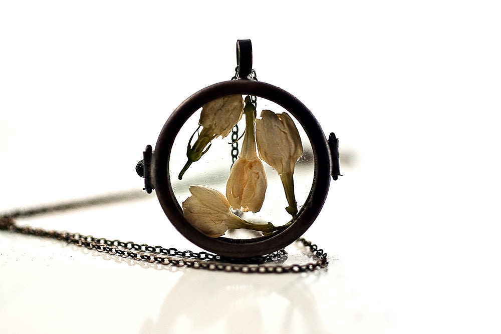 Floating real jasmine buds in vintage style window locket with long necklace