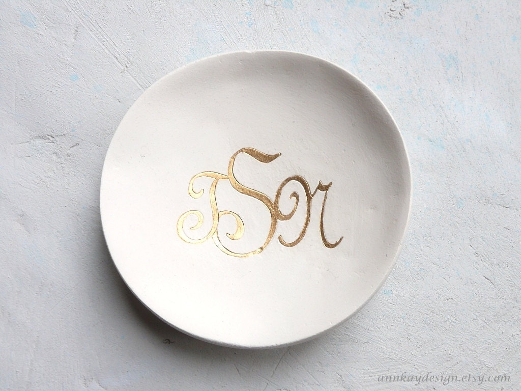 Gold Monogram Ring Bowl White Custom Clay Ring Dish