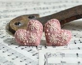 Hand Stitched Pink Love Heart Flower Earrings