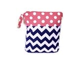 Navy blue Pink chevron polka dots wet bag waterproof cloth diaper zipper medium swim bathing suit pool beach boy girl wetbag