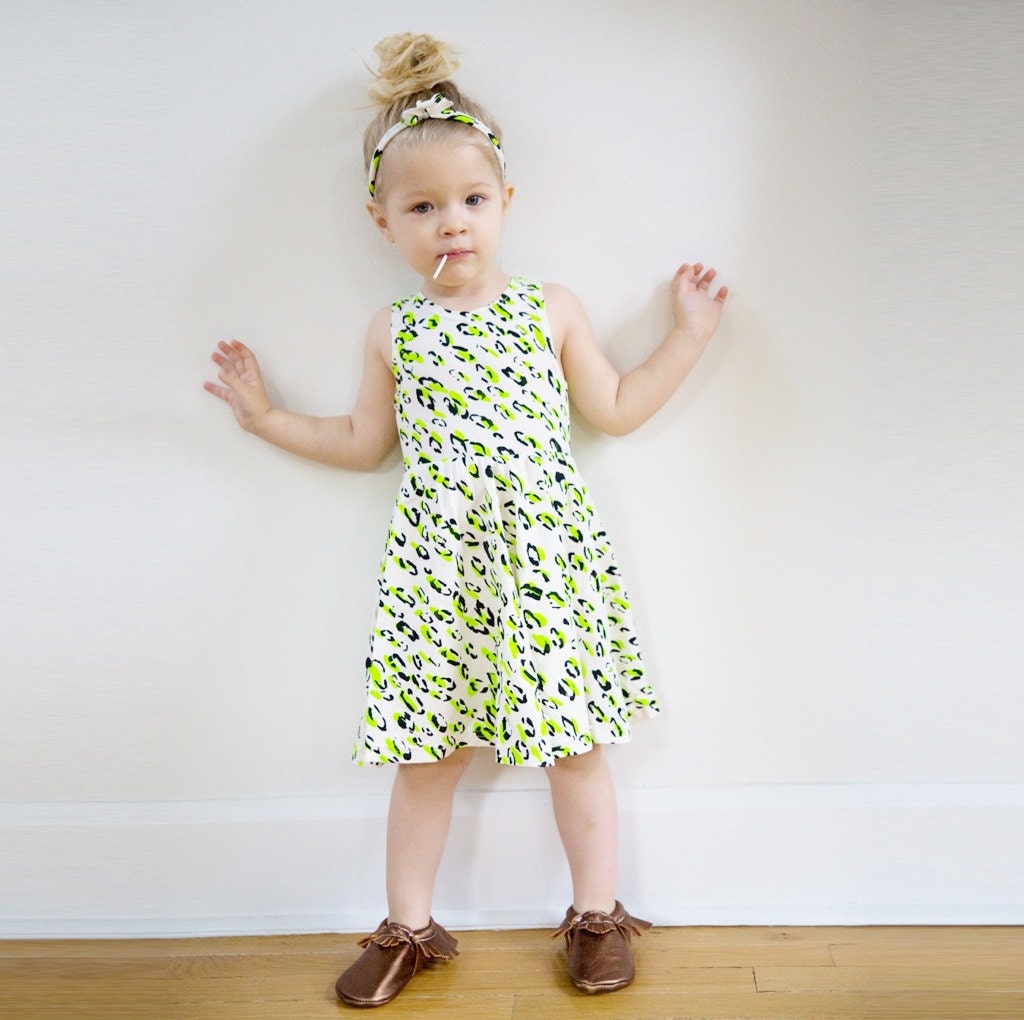 Hand Printed 'Cheetah' Dress in Neon Green and Black on Creme
