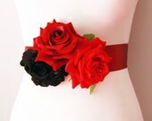 Bridal Rose Flowers Ribbon Sash Belt - Wedding Dress Sashes Belts - Black Red Deep Red / Burgundy Roses Flower