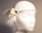 Bridal Ivory Feather Silver Headband - 20s 1920 Inspired Headpiece - Ostrich Peacock Feathers Flapper Girl Hairband