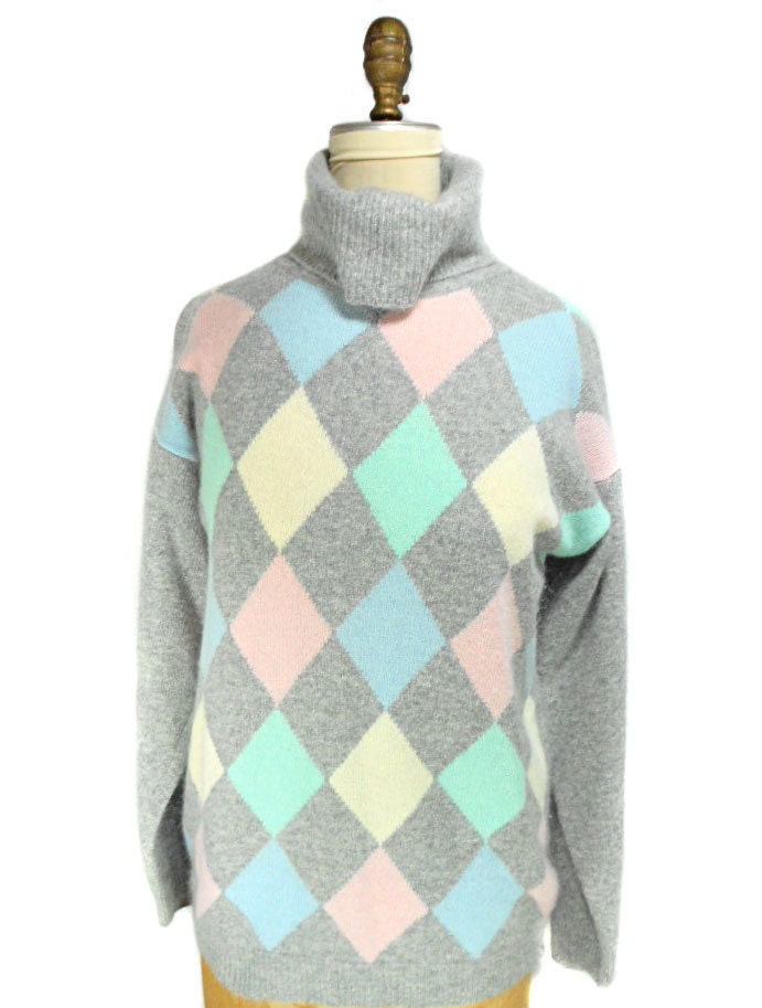 1980s Neiman Marcus Argyle Turtleneck Sweater - Prep Preppy Country Club -  Pastels - Size Large