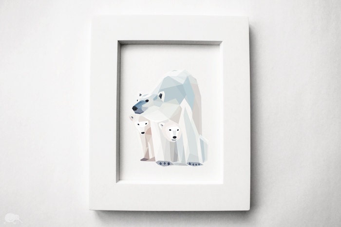 Polar Bear and Cubs, Geometric, Minimal, Animal print, Original illustration, Art, A4, A5, Custom sizes