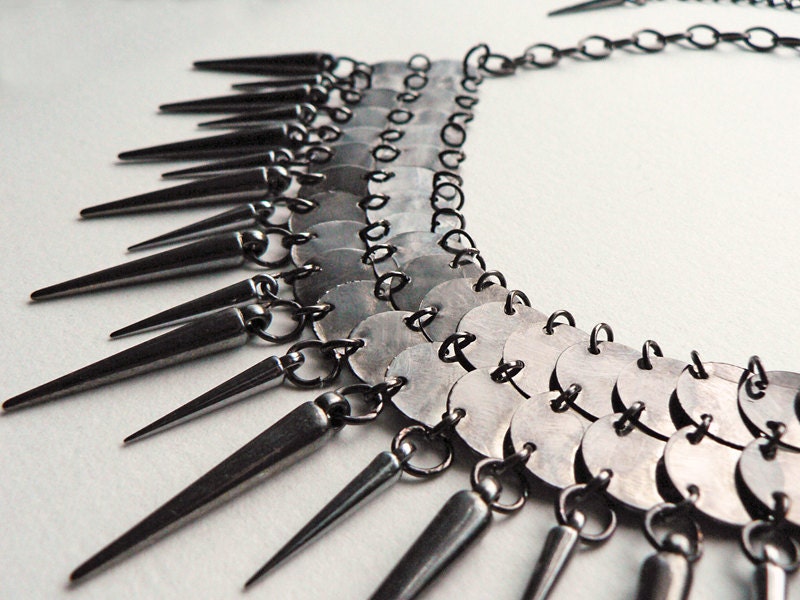 Spikes and Chain Mail Statement Necklace. Chainmaille and Spikes Steampunk Bib Necklace.