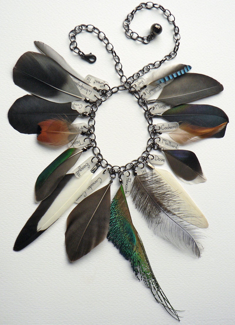 Statement Necklace, feather necklace, feather jewellery, fifteen different bird species.