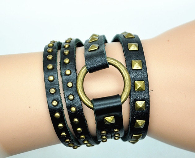 Wrap Bracelet Bangle Black Leather Bracelet Women Leather Cuff Bracelet , Bronze Rivet  Bracelet  RZ0299