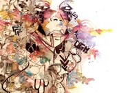 6x4 inch print Contemporary art, watercolor and ink face illustration print. Pop surreal Photo art print reproduction on matted photo paper.
