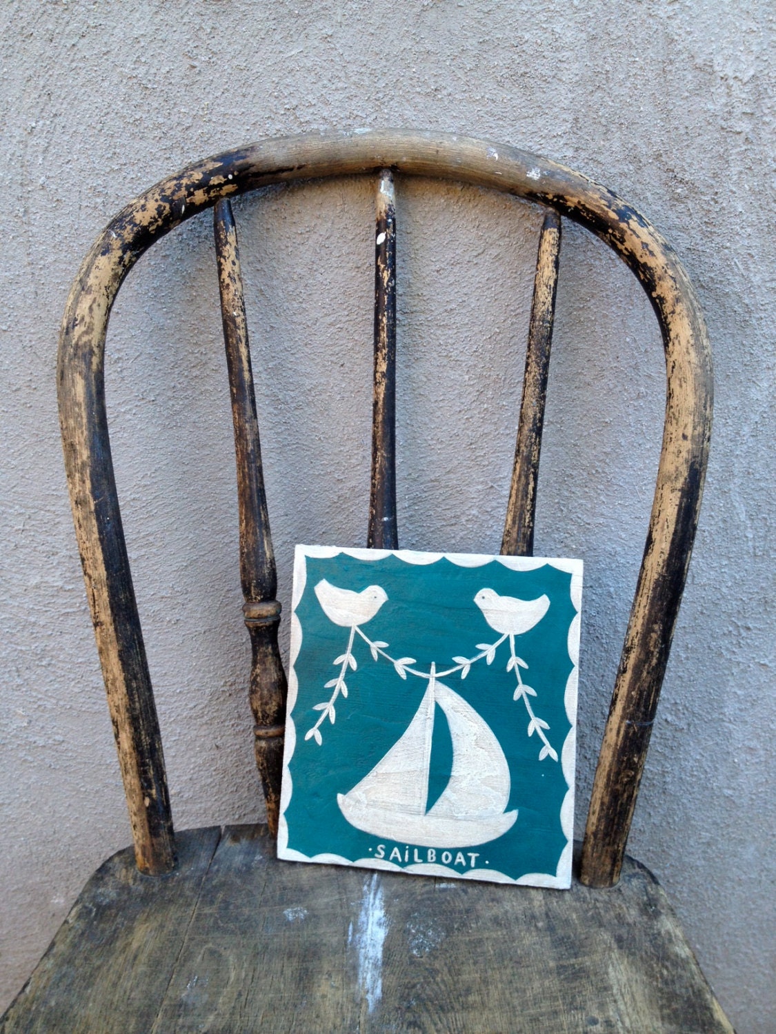 Sailboat Nautical Children Decor Blue and White Reclaimed Wood Folk Art Painting