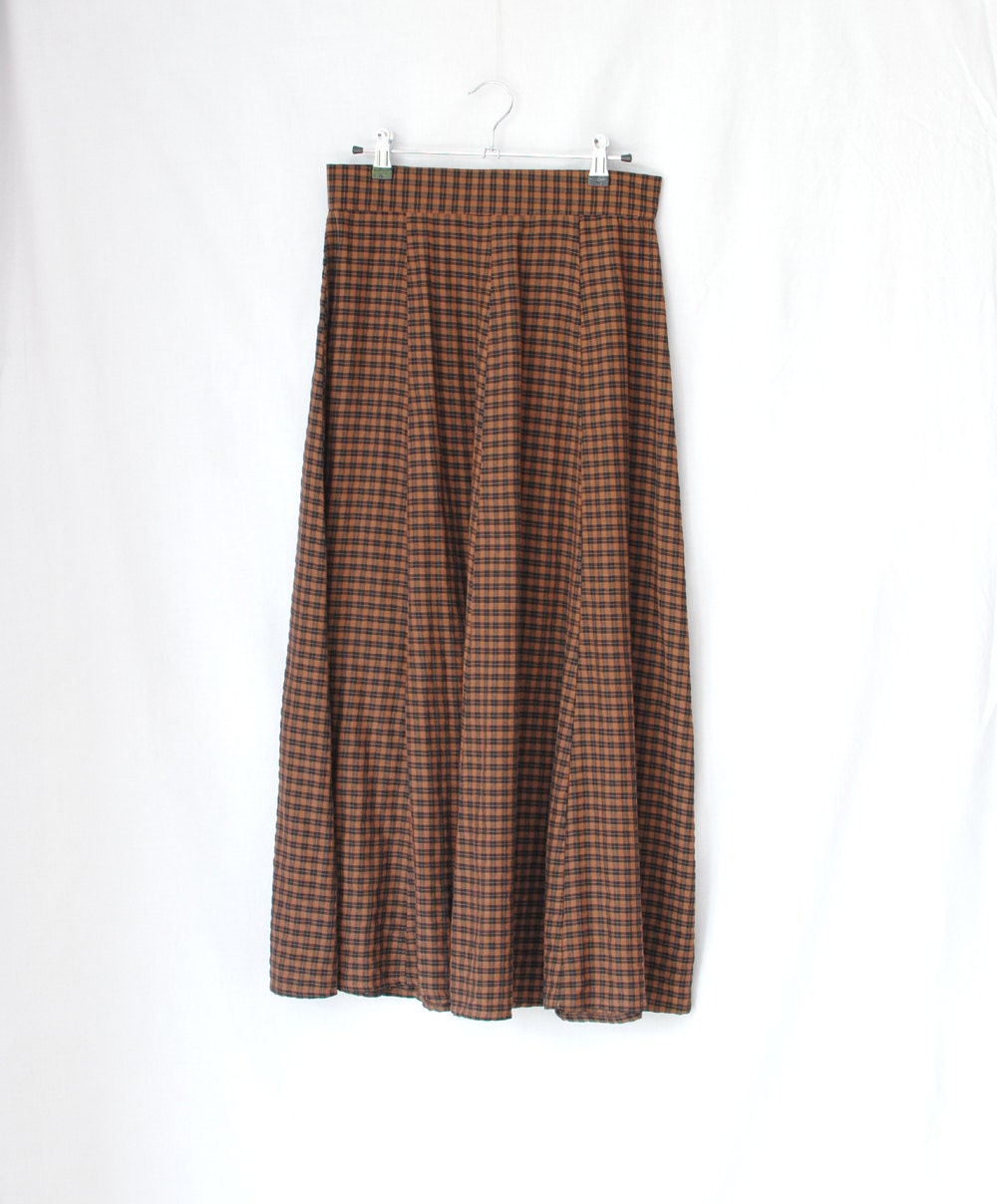Vintage High Waist Skirt // Brown Check // Long Skirt // High waisted Maxi Skirt // Small Medium