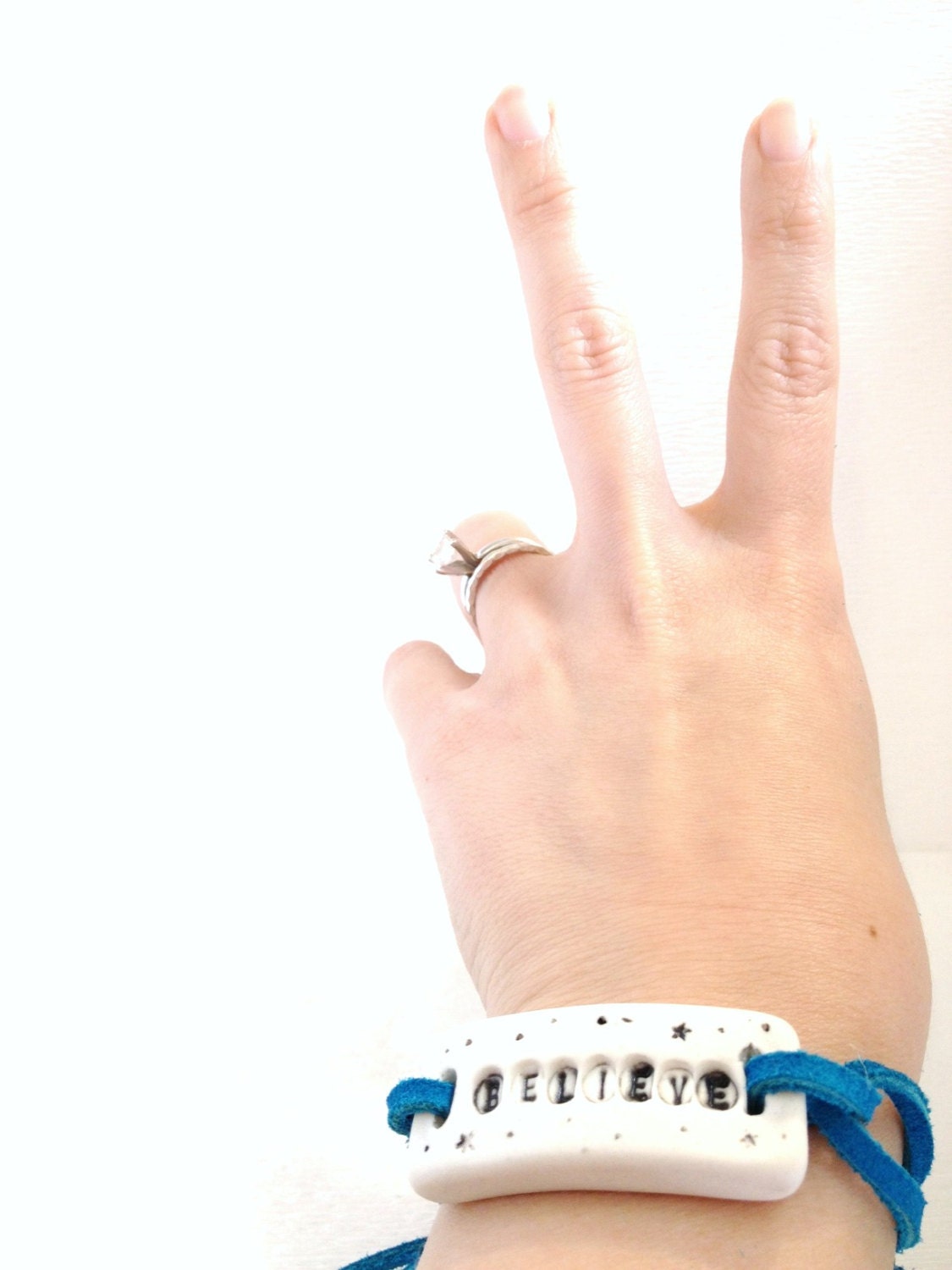Believe Inspirational Bracelet Made in White Porcelain with Turquoise Leather Strap Boho Stylish Chic READY TO SHIP