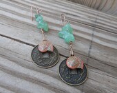 Nautical Charm Earrings - Pink Seashell Earrings with Brass Charm - Turquoise Beads - Handmade Jewelry