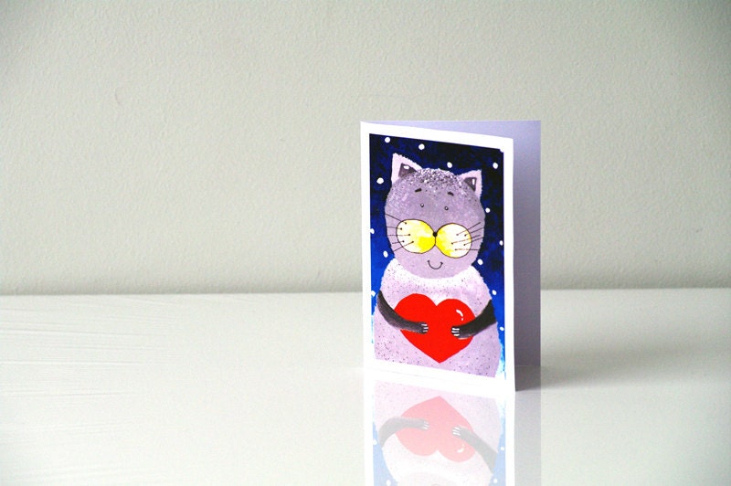 Greeting card Cat with red heart / Love message / Gray kitty card / Blue / Fat cat