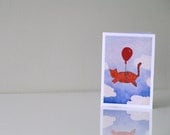 Greeting card with orange cat and red balloon in the sky / Dream / Happy birthday / Funny kitty animal art / Clouds / Smile for children
