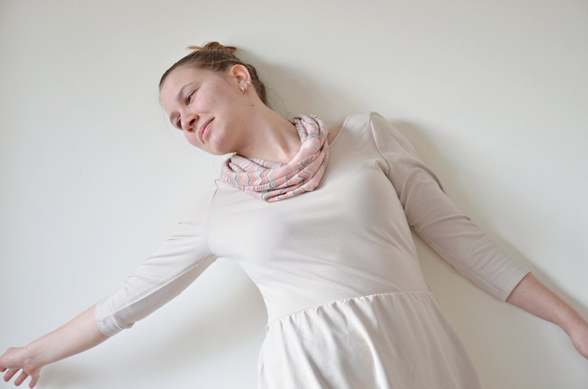 Infinity Scarf, Zig-Zag Jersey , Peach, Cream, Gray Soft Fabric, Loop