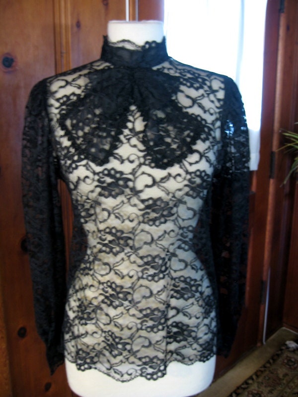 1950s Blouse/ Vintage 50s Blouse/Black Lace/ Boho/ Steampunk/ Goth