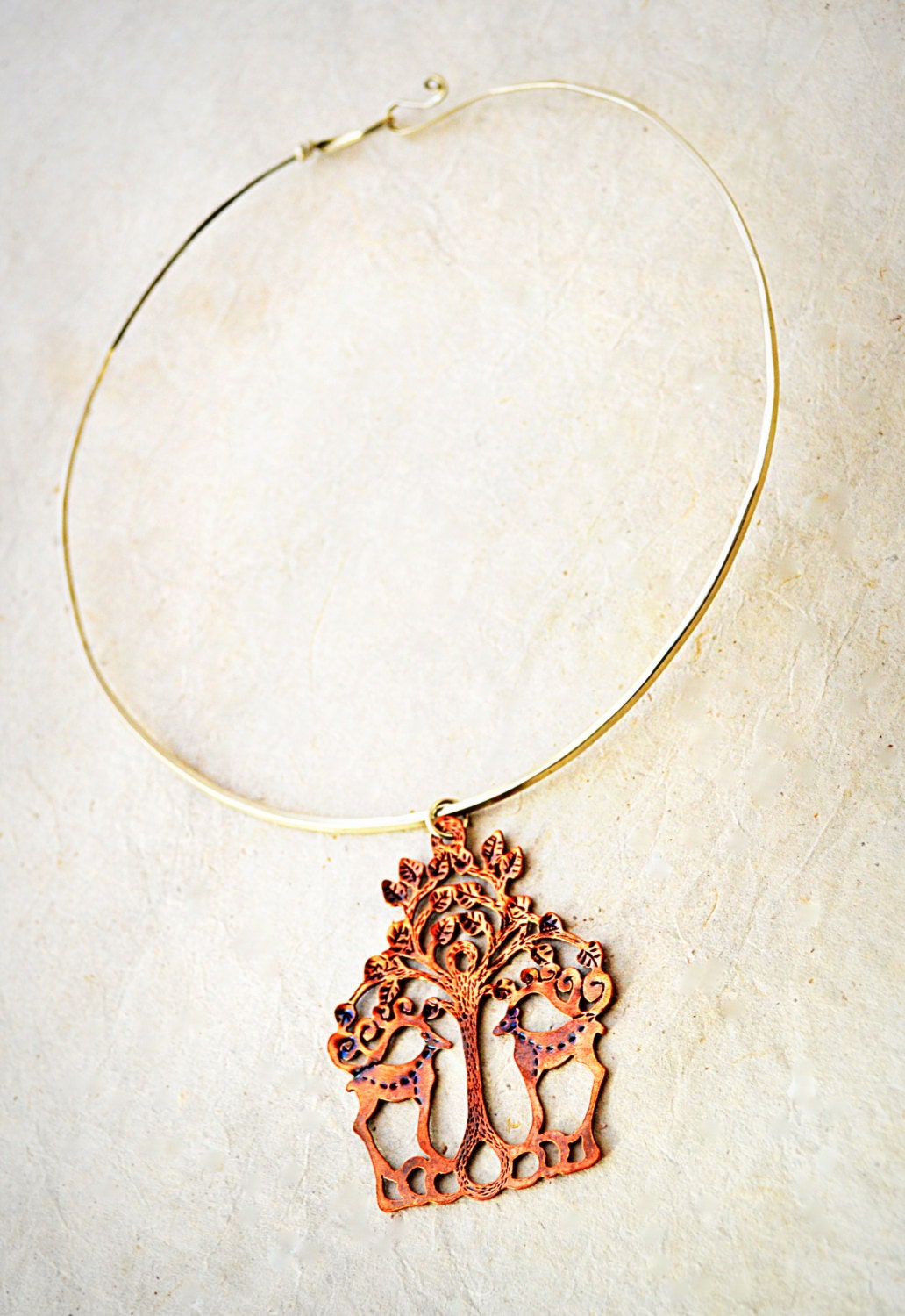 Copper Tree of Life with Deer Pendant Necklace with Neck Wire.