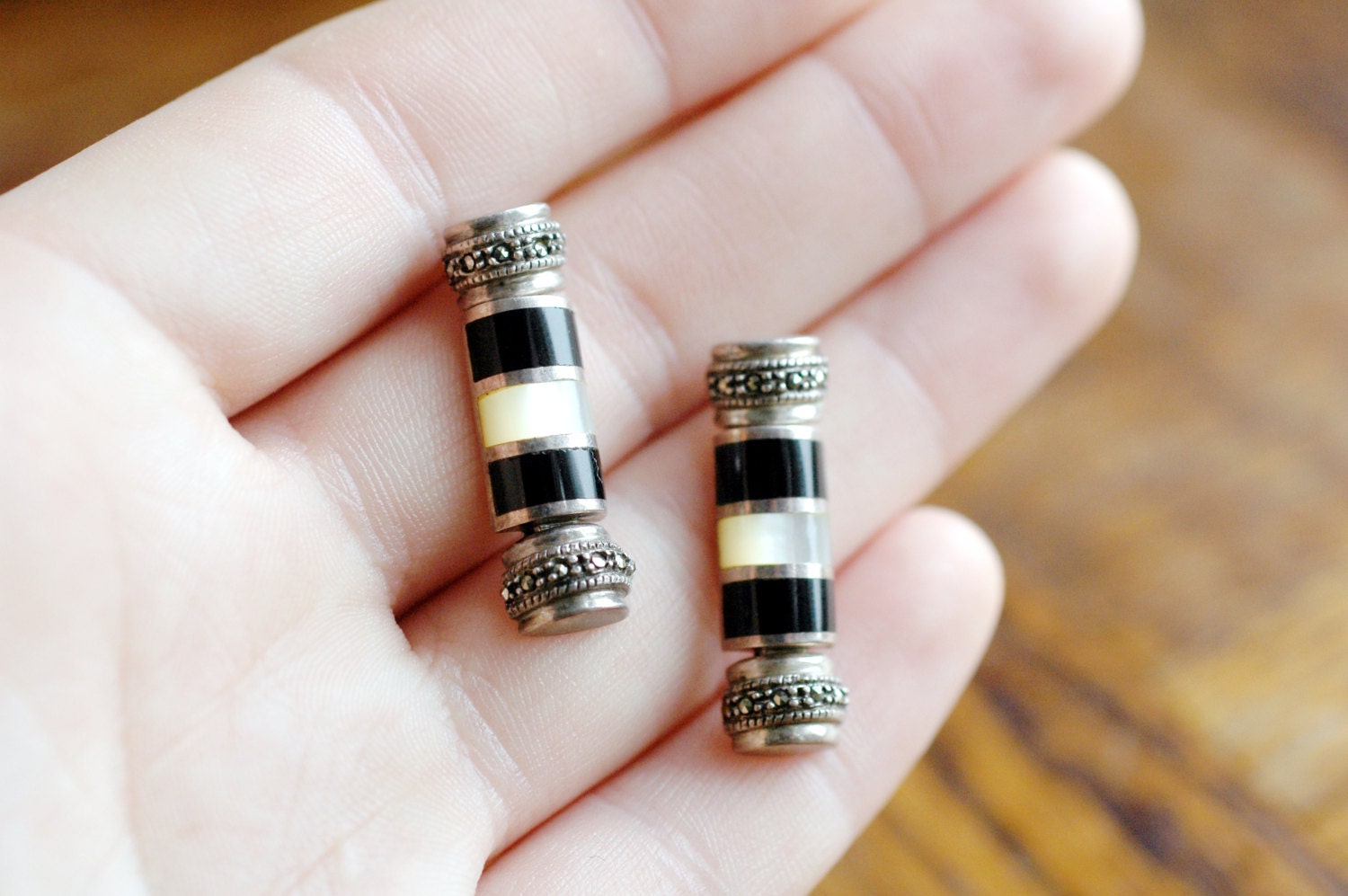 REDUCED - VINTAGE Black Onyx, Mother of Pearl and Sterling Silver Dangling Earrings - Great for Mom - Black and White Jewelry