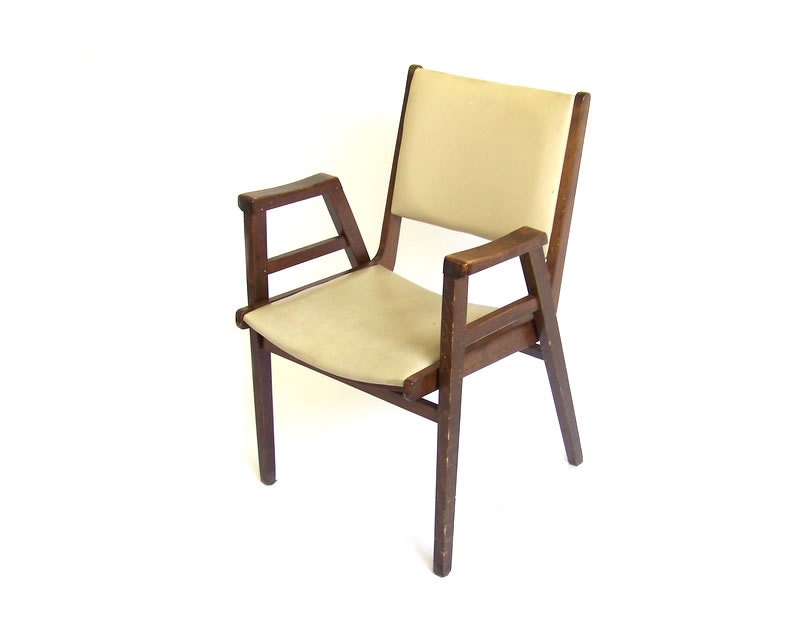 Vintage Vinyl Chair Office Lounge Occasional Accent Armchair Walnut Wood Cream Tan Beige Mid Century Modern Danish Scandinavian Design