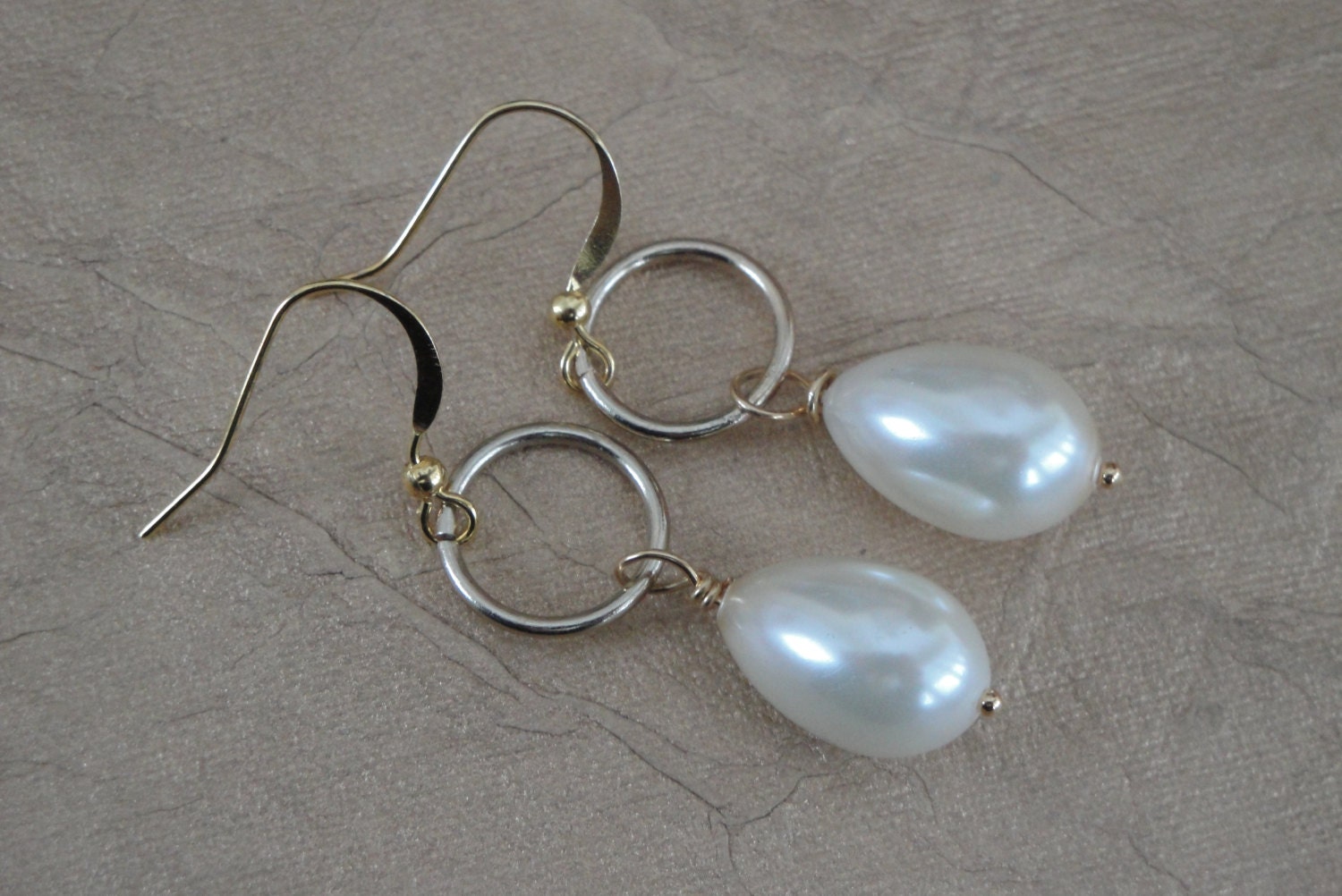 Wire Wrapped Hoop Link Drop Earrings, Ivory Pearl Drop Earrings, Champagne Pearl Drop Earrings, Bridal Party Jewelry, Bridesmaids Gift