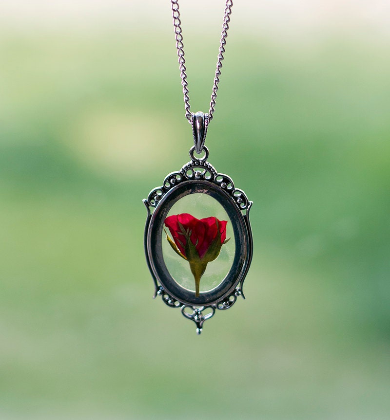 Real Rose Necklace Pressed Flower Silver Necklace Real Rose Romantic Jewelry Love Transparent Filigree Vintage Antique Jewelry