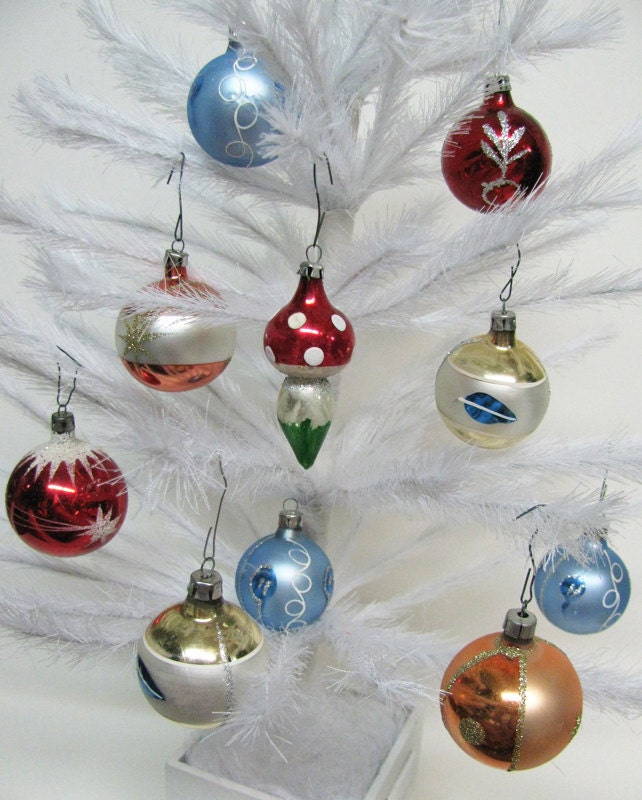 10 Vintage Glass Christmas Ornaments 1950s 1960s Mid Century - Mushroom / Toadstool and Balls - Blue, Red, Gold, Copper
