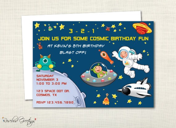 Astronaut Space Alien Birthday Party Invitation - outerspace, spaceship, flying saucer, moon, planet, monster - digital file, printable Il_570xn