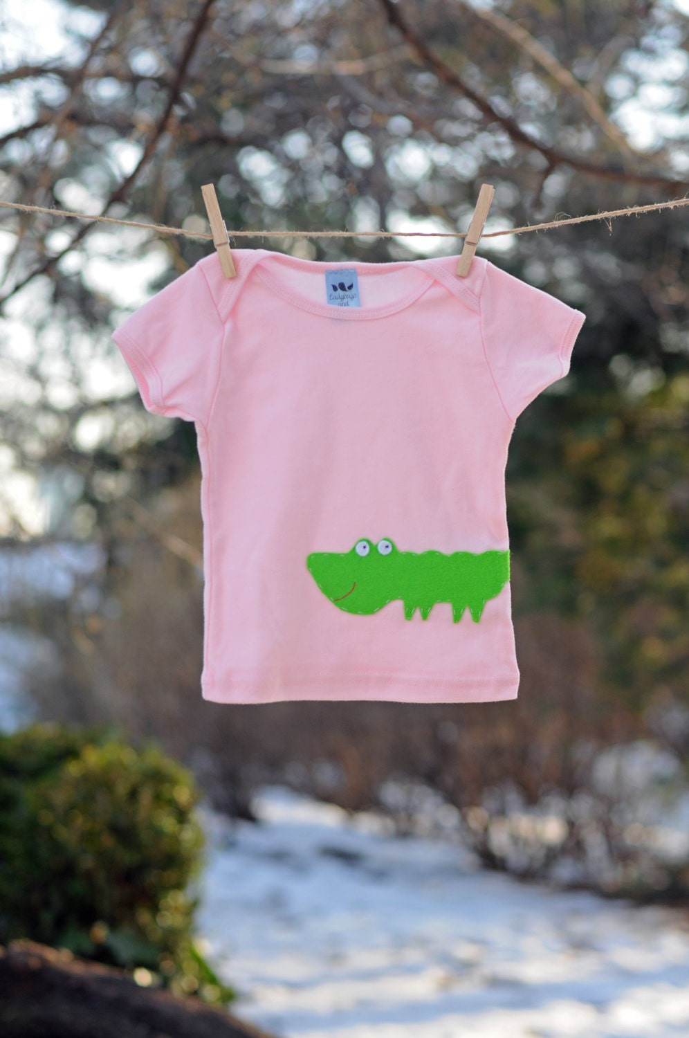 Alligator Pink Girl Tshirt - American Apparel Short Sleeve Baby Toddler Shirt - Felt Handstitched Crocodile Applique