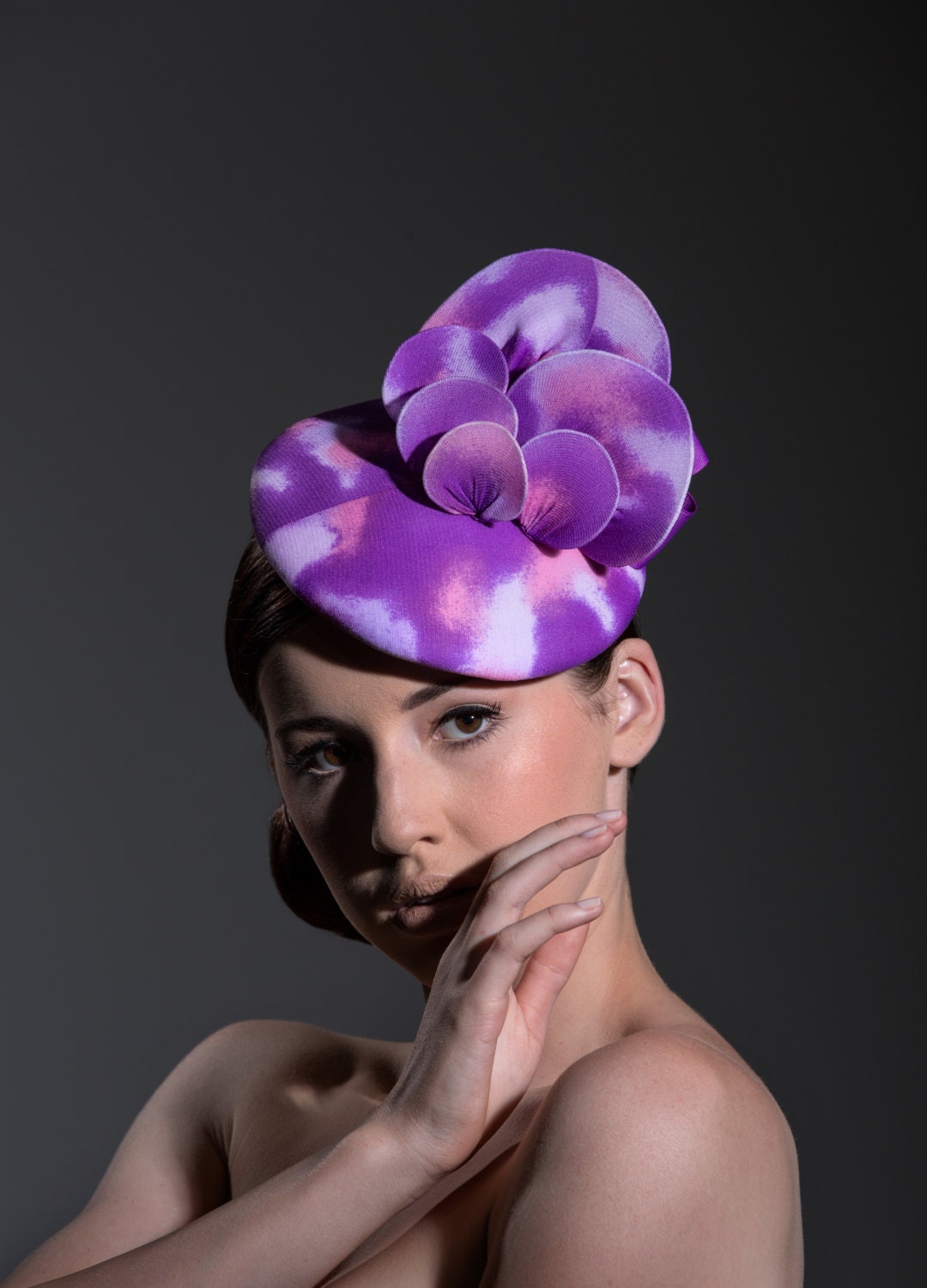 Purple Peachy Coral White Petal Airbrush Fascinator Hat, Retro Inspired Rockabilly Burlesque Pin Up