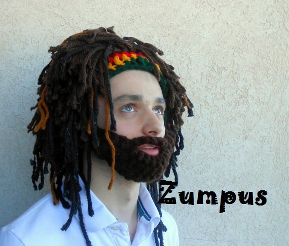 Beard Hat Rasta Hat Bearded Beanie Men's Beanie Beard Hat with Rasta Bandana and Dreadlocks Ski Hat