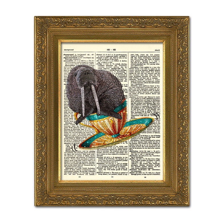 Walrus Print Flying saucer Tea cup Walrus vintage dictionary teacup Upcycled Artwork Book Art Page