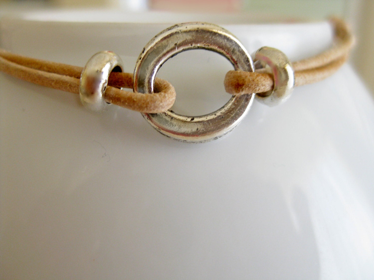 Leather Wrap Bracelet - Friendship Bracelet - Circle Charm  - Simple, Minimal, Geometric - Gift, Favor, Bridal - Free Ship