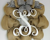 Burlap Front Door Wreath With Bow and Monogram Initials - Chevron Ribbon