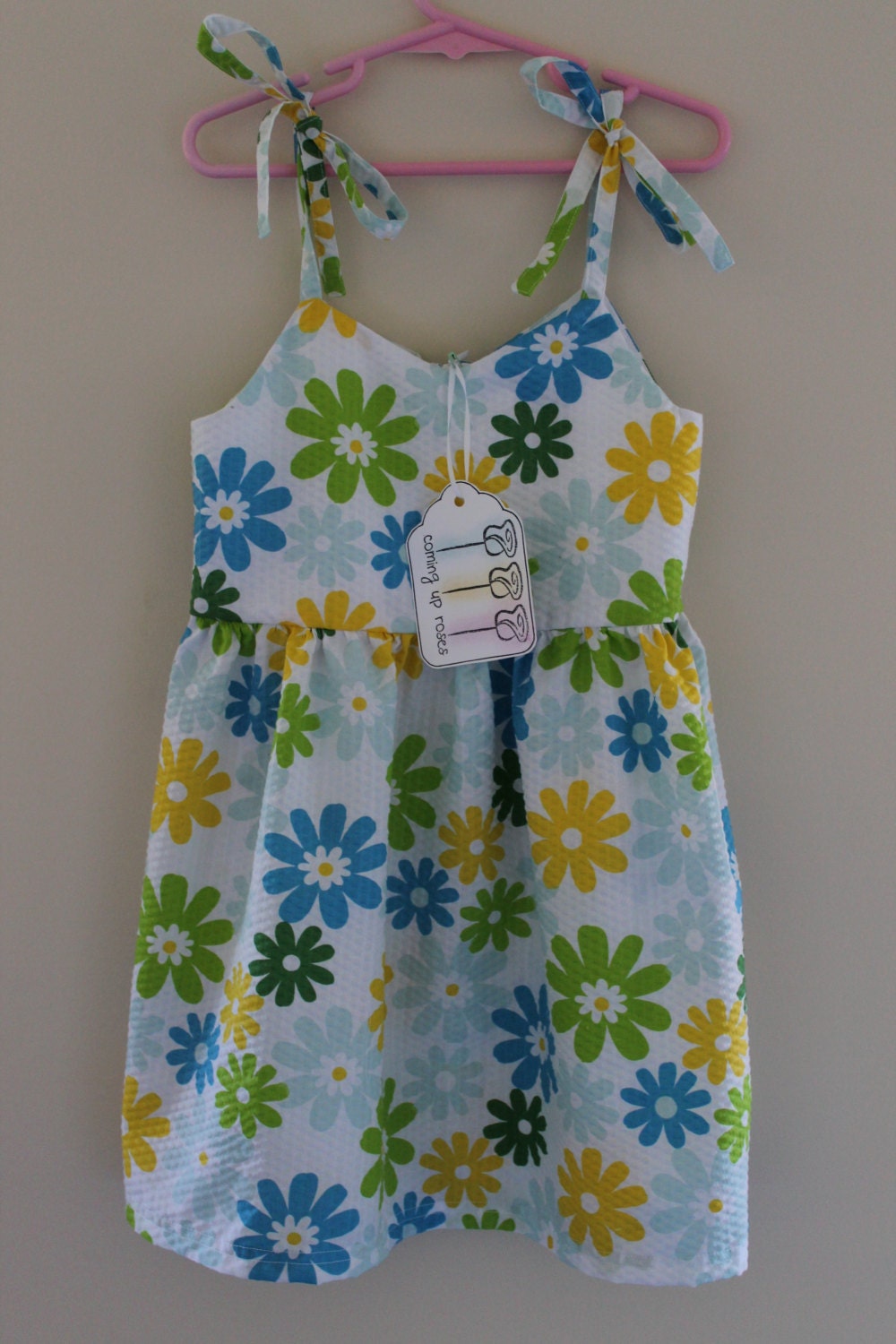 Blue, green and yellow seersucker floral dress- size 4