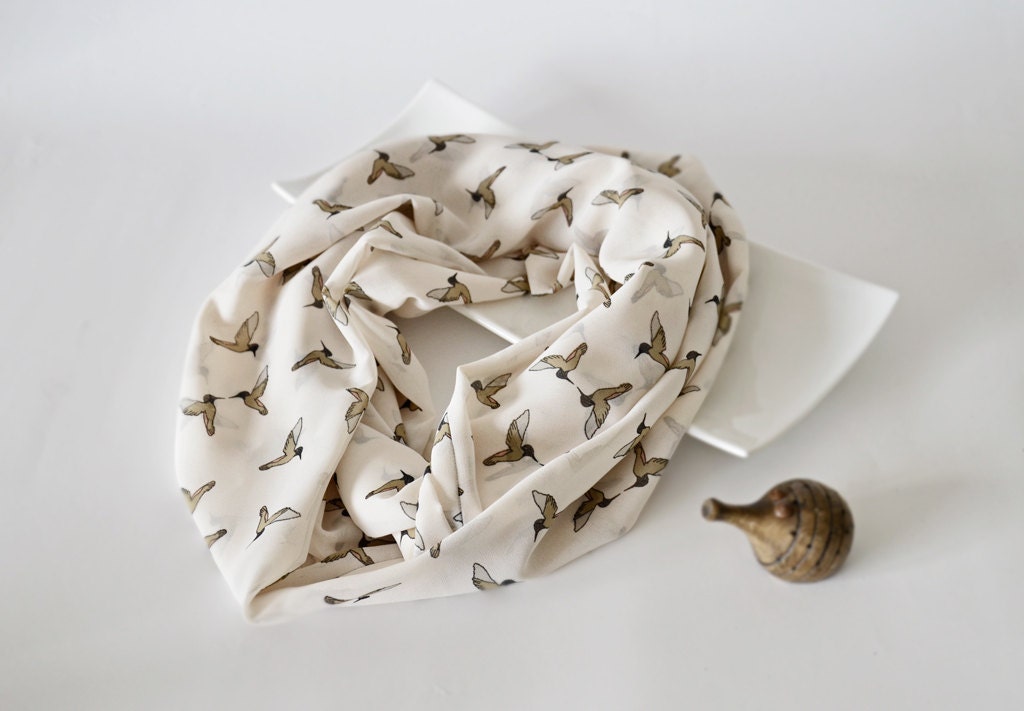 Cream Birds Pattened Infinity Scarf, Floaty Fabric, Women, Mother's Day - designscope