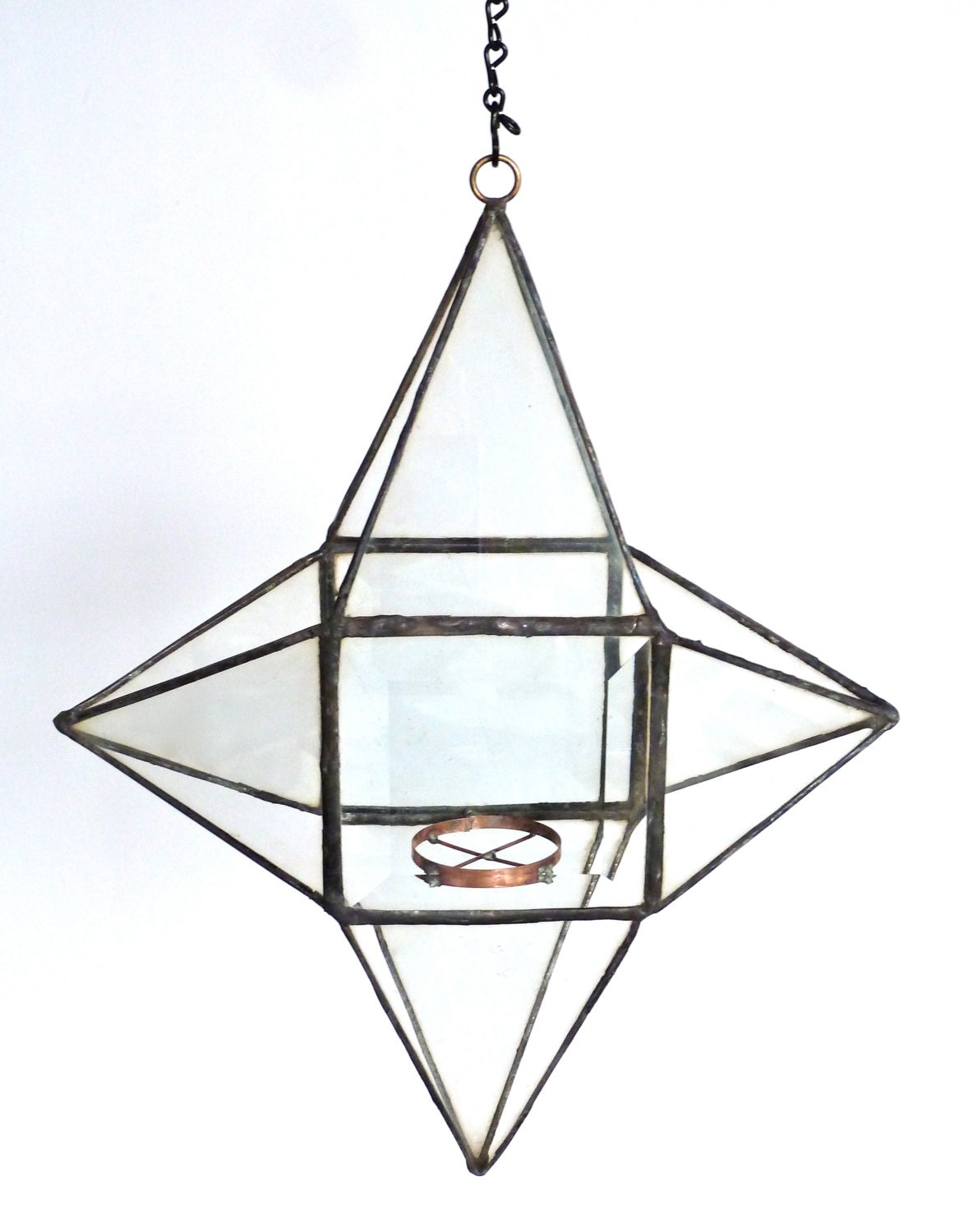 Stained glass hanging candle holder for tea light, star shaped, eco-friendly recycled glass