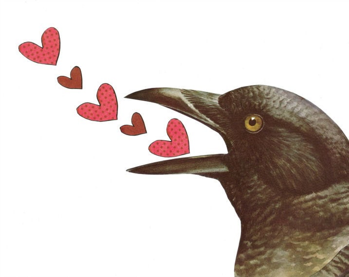 Original Collage Paper Collage Art Folk Art Crow Love Bird Heart Art