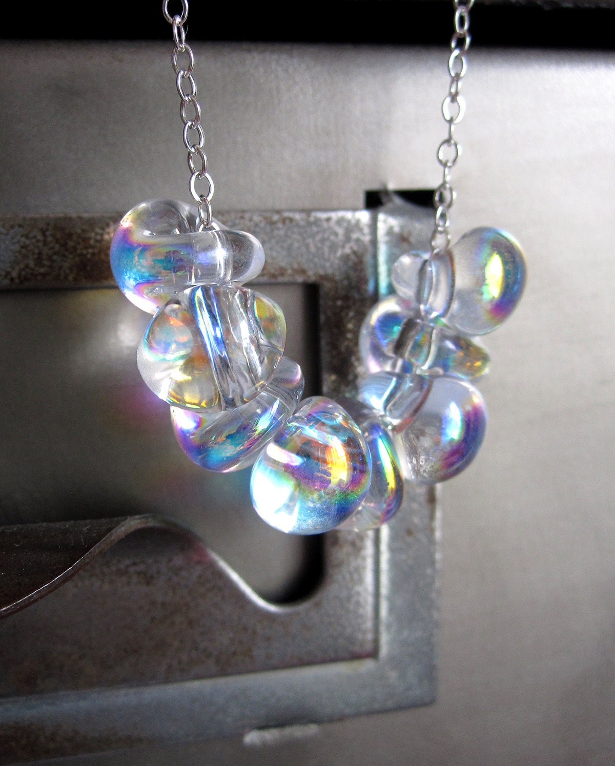 Bubble - Clear Glass Necklace, Iridescent Rainbow Shimmer Lampwork Glass Drop Beads, Sterling Silver Chain, Contemporary Modern Jewelry