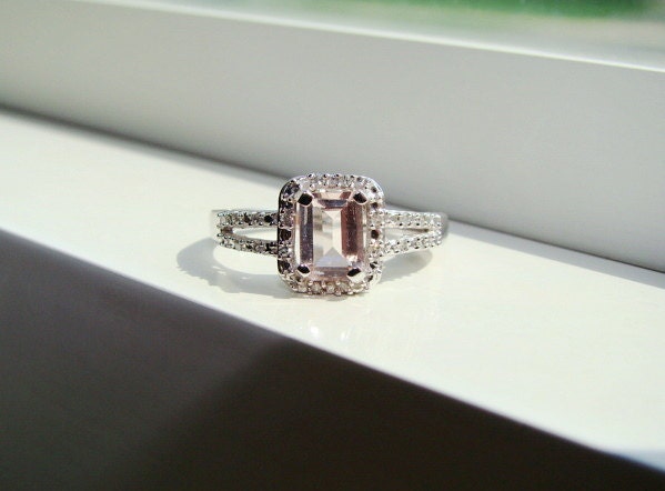 Halo Morganite Diamond Ring Gemstone Engagement Ring Custom Peach Pink Emerald Double Band Halo Setting 14K White Gold size 7