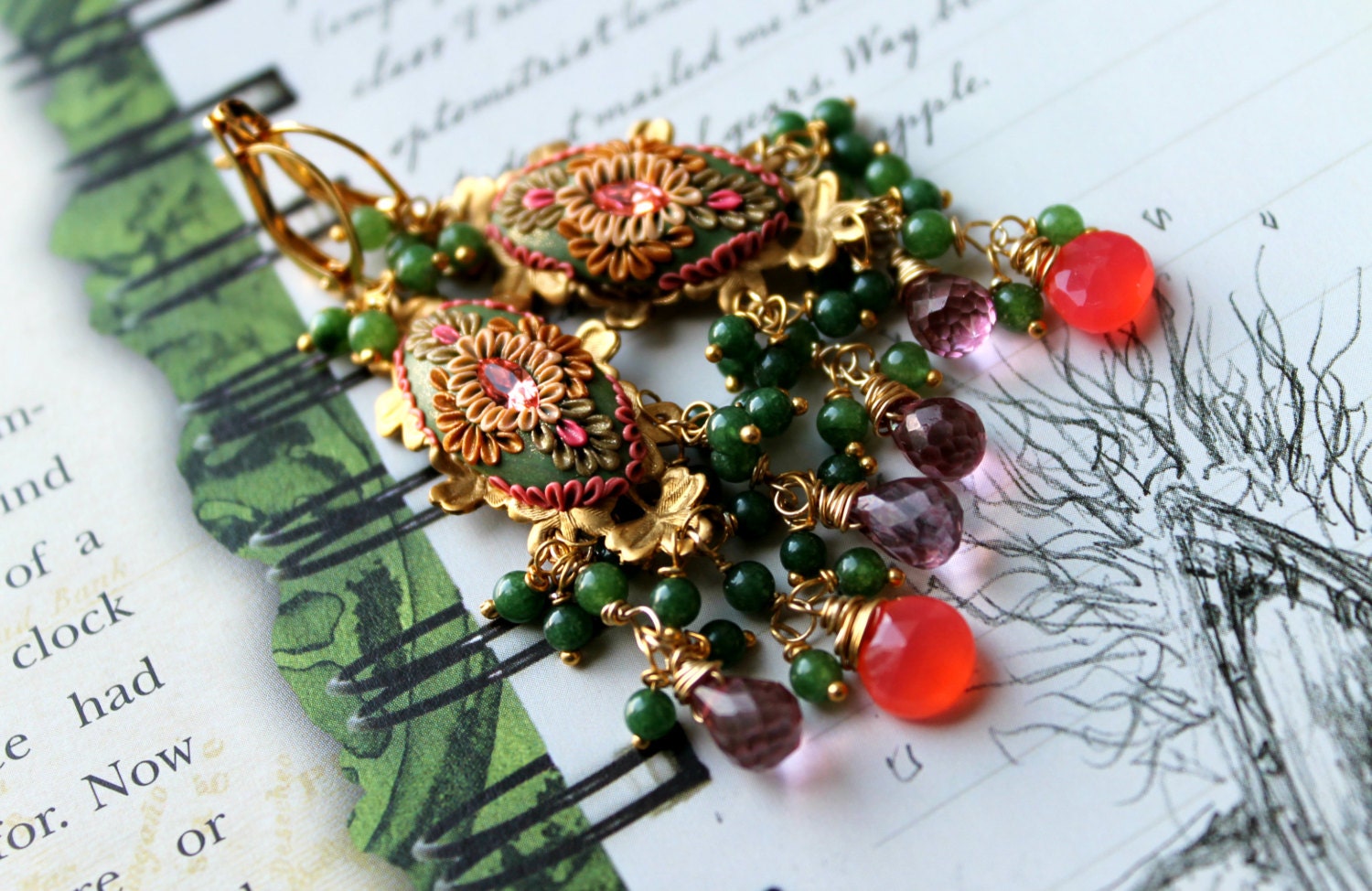 Neon Grapefruit Chalcedony,shades of olive Jade and Pink Mystic Quartz clay floral earrings with brass filigree - Reflections On Spring