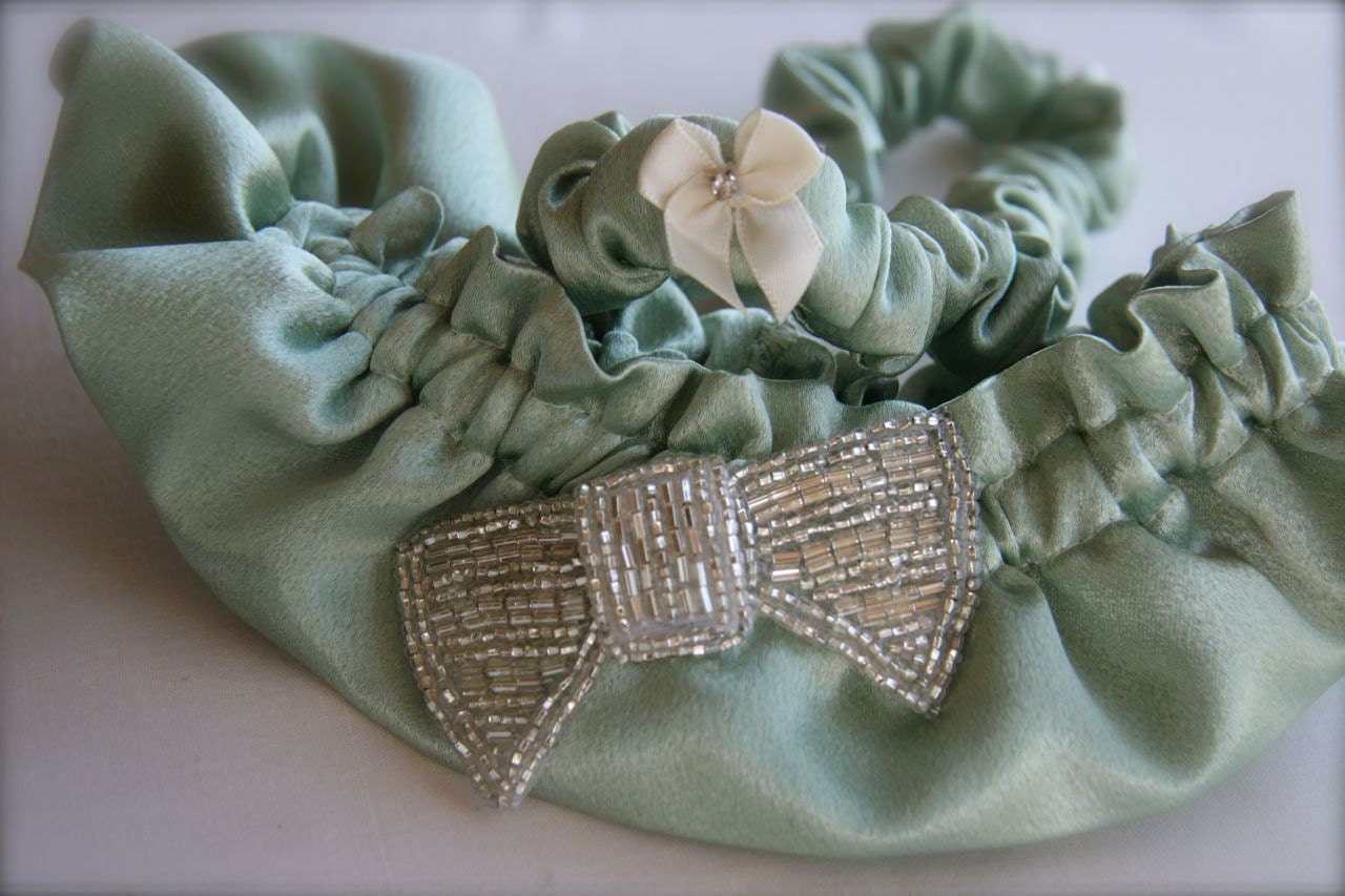 Silver Beaded Bow Satin Garter Set, silver, custom wedding colors green, aqua, blush pink, champagne, gray, black, with toss, throw garter