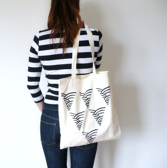 Triangle Wave, Tote Bag Carrier, Organic Cotton Canvas, Modern Black And White