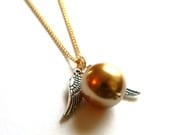 Golden Snitch Necklace - Harry Potter Jewelry - Swarovski Pearl - Gold - Feathers - Wings - Quiddich - Handmade - Gifts Under 10, 20
